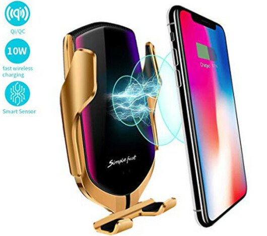 Suport auto cu incarcator wireless iUni R2, Smart Sensor, functie Fast Charge, Gold